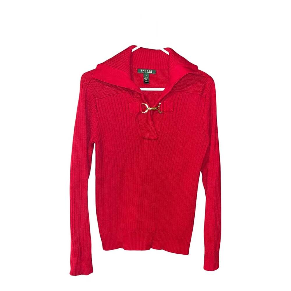 Lauren Ralph Lauren Red Ribbed Cotton Sweater With Gold Buckle Collar Size L